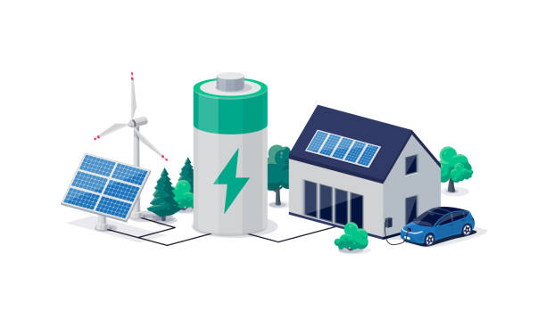 Home virtual battery energy storage with house photovoltaic solar panels plant, wind and rechargeable li-ion electricity backup. Electric car charging on renewable smart power island off-grid system.